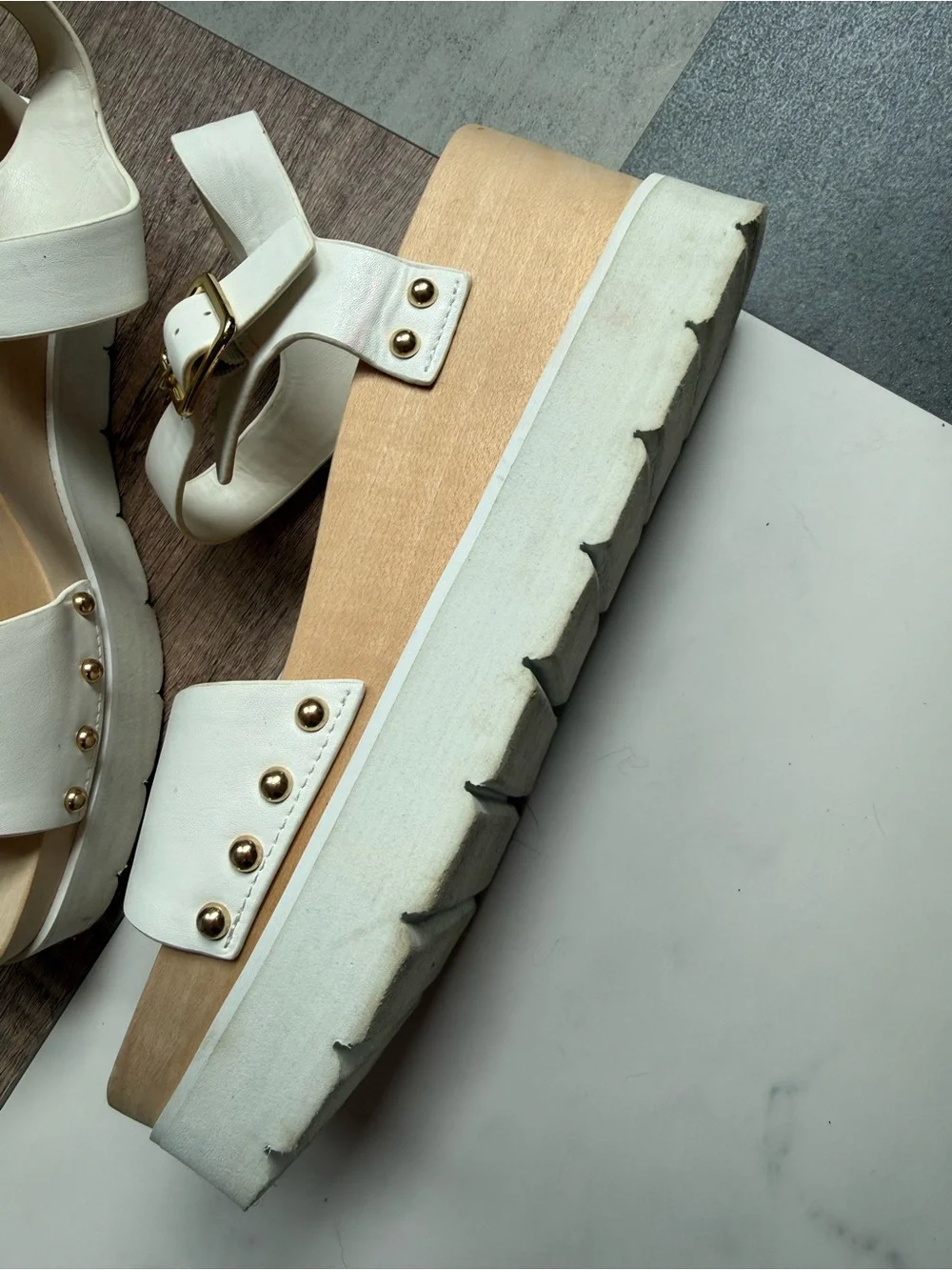Steve Madden White Platform Sandals with Gold Studs